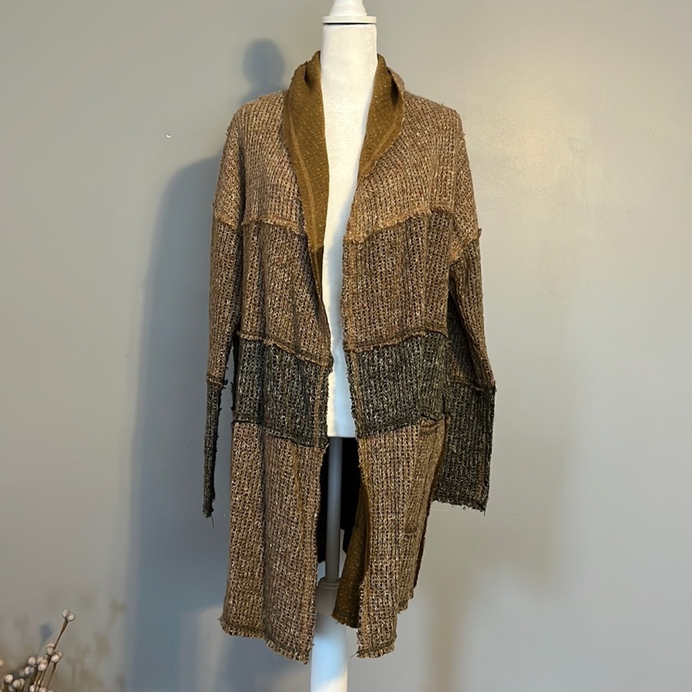 Mystree Long Cardigan Sweater in Browns and Gray, Size Medium